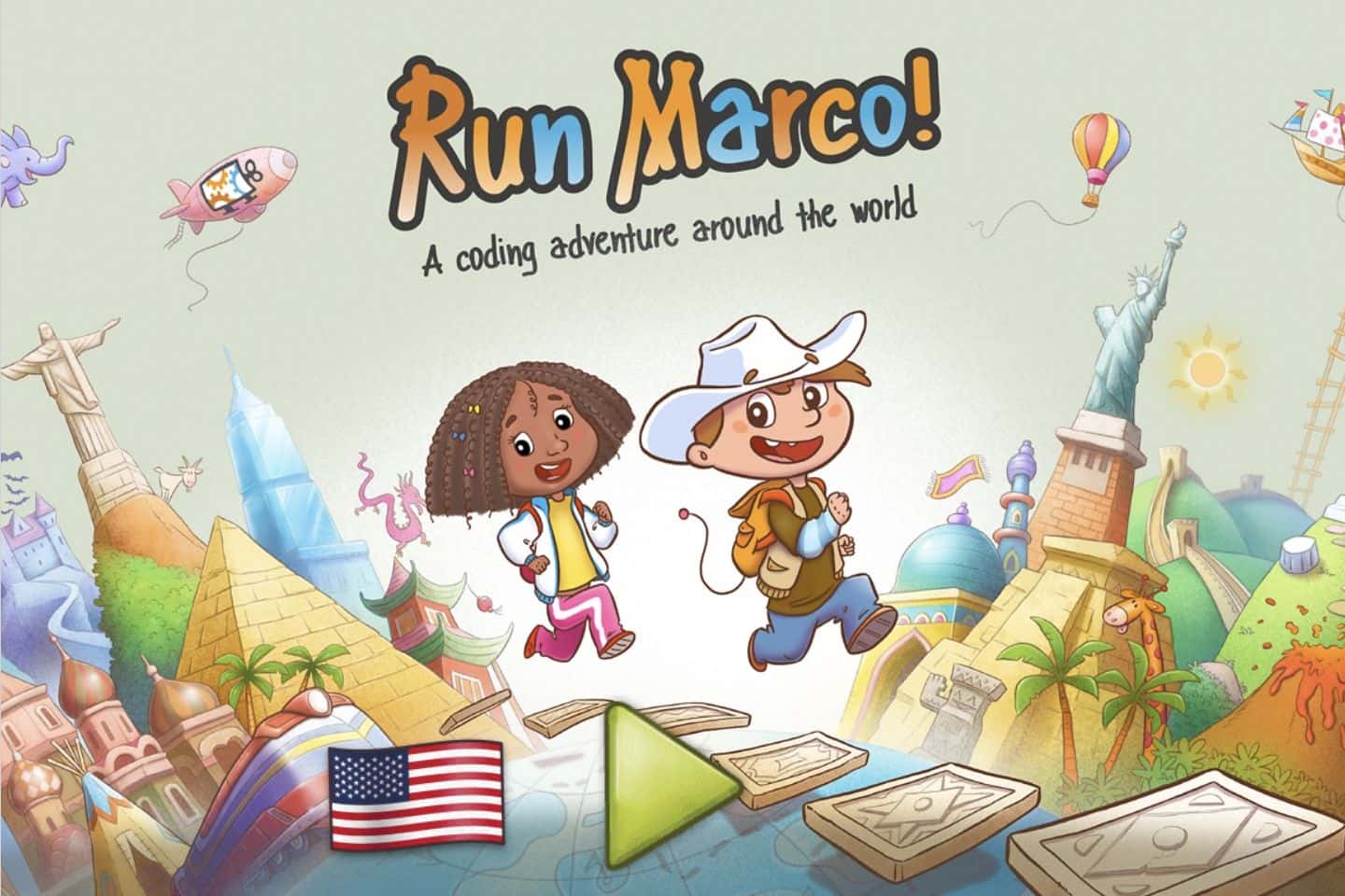 Run Marco title screen with two cartoon explorers