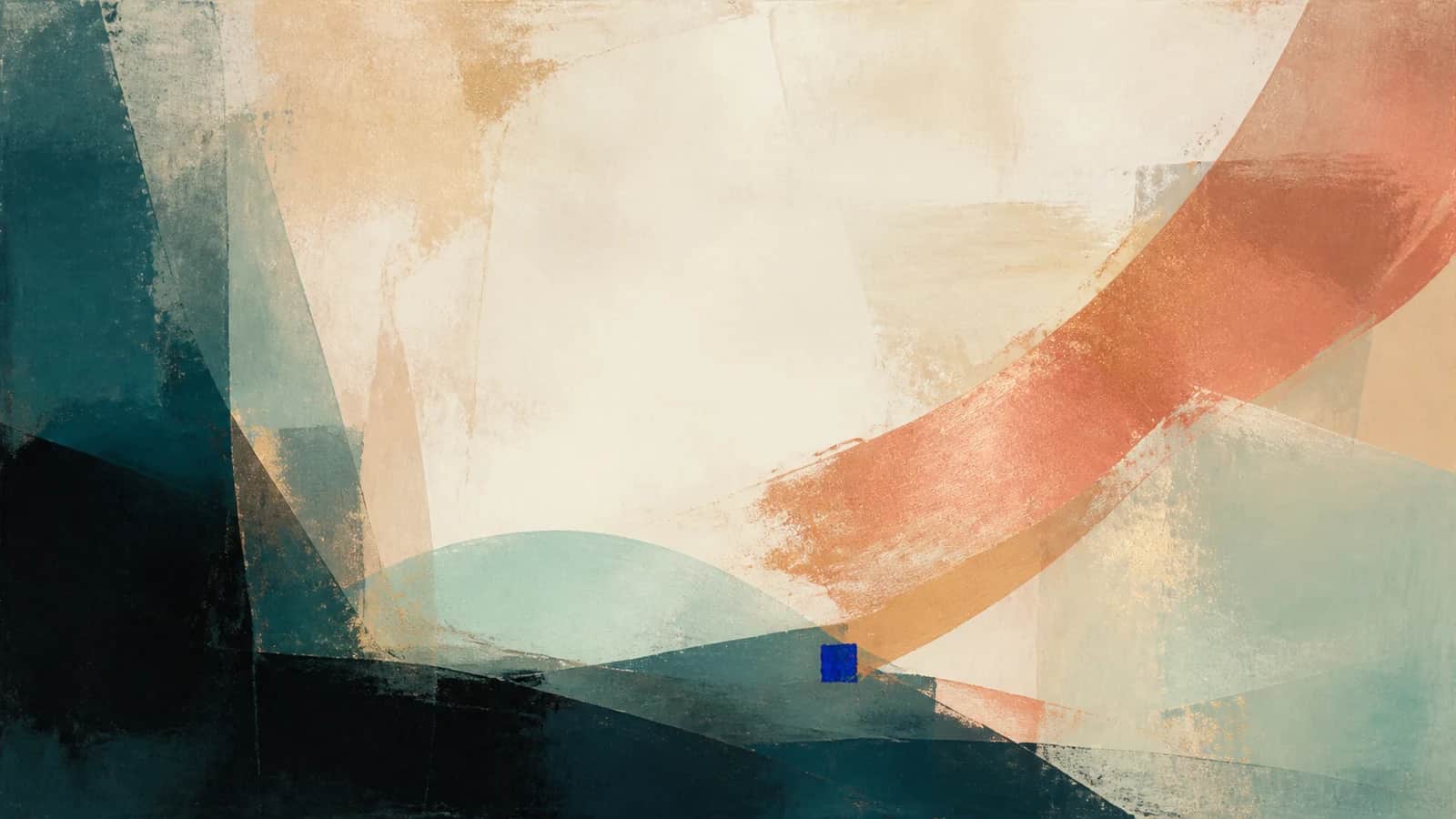 A broad cream field is held open between layered teal planes and a sweeping copper gesture