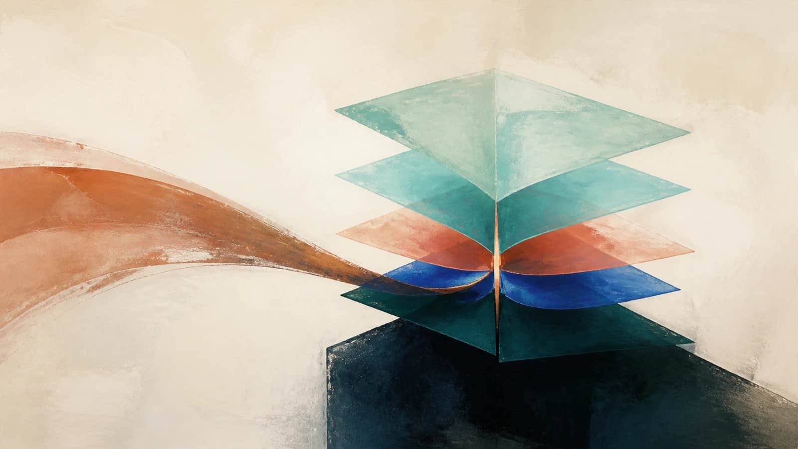 A copper arc feeds layered teal and aqua planes surrounding a dark central block on a textured cream ground