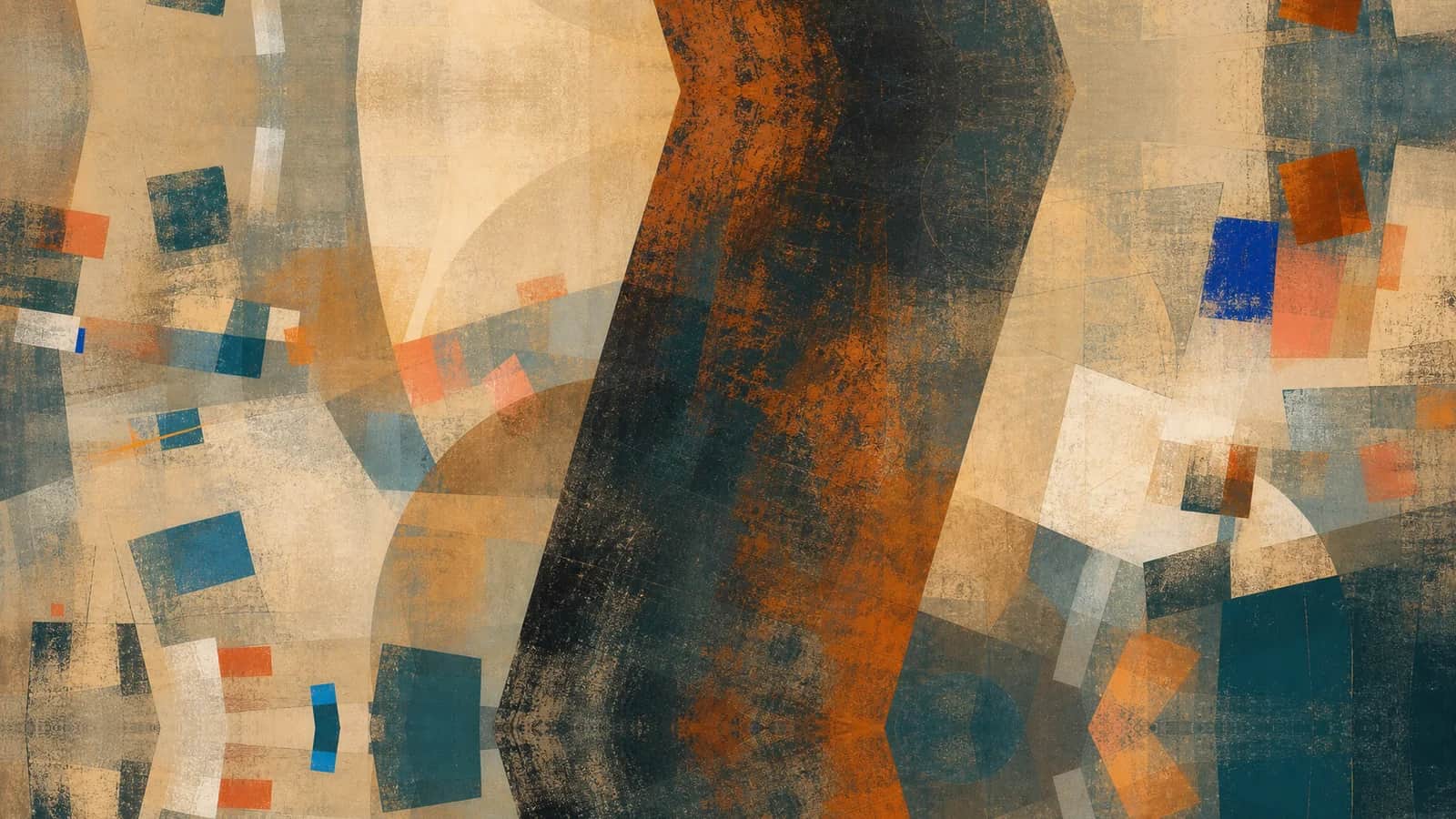 Scattered small shapes surround one large dark diagonal that reorganizes the layered field