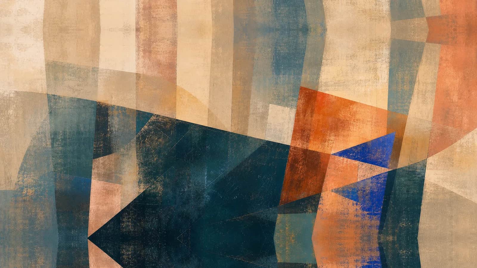 Muted vertical bands are crossed by a dark teal diagonal and sharp cobalt forms
