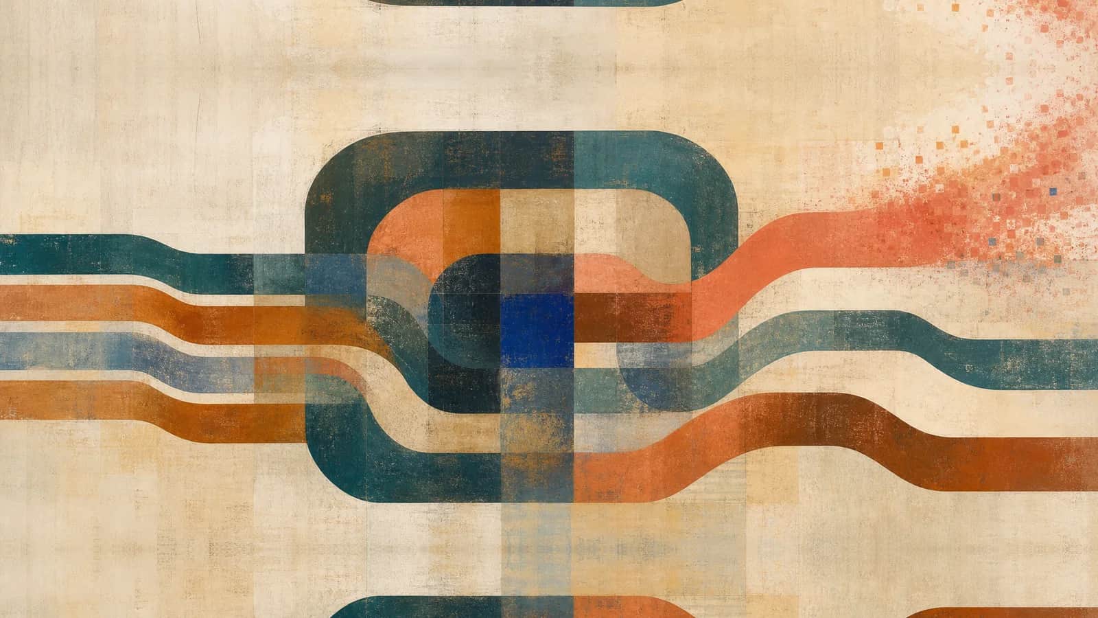 Intertwined teal, copper, and coral bands move through a layered central painted form