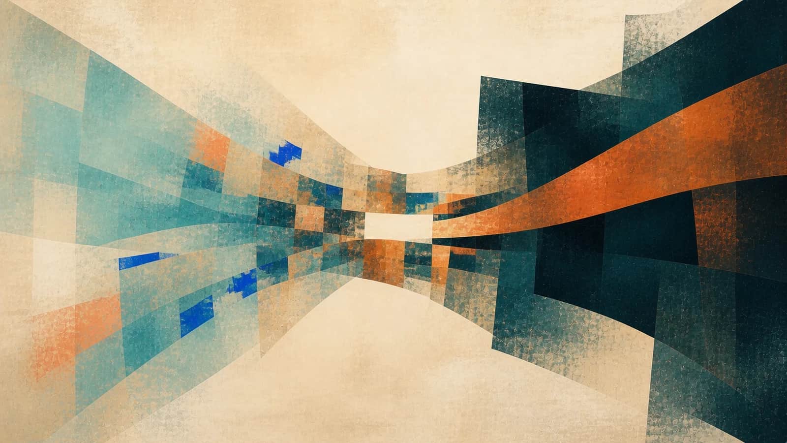Translucent aqua planes and dark teal blocks converge around a narrow cream opening crossed by a copper band