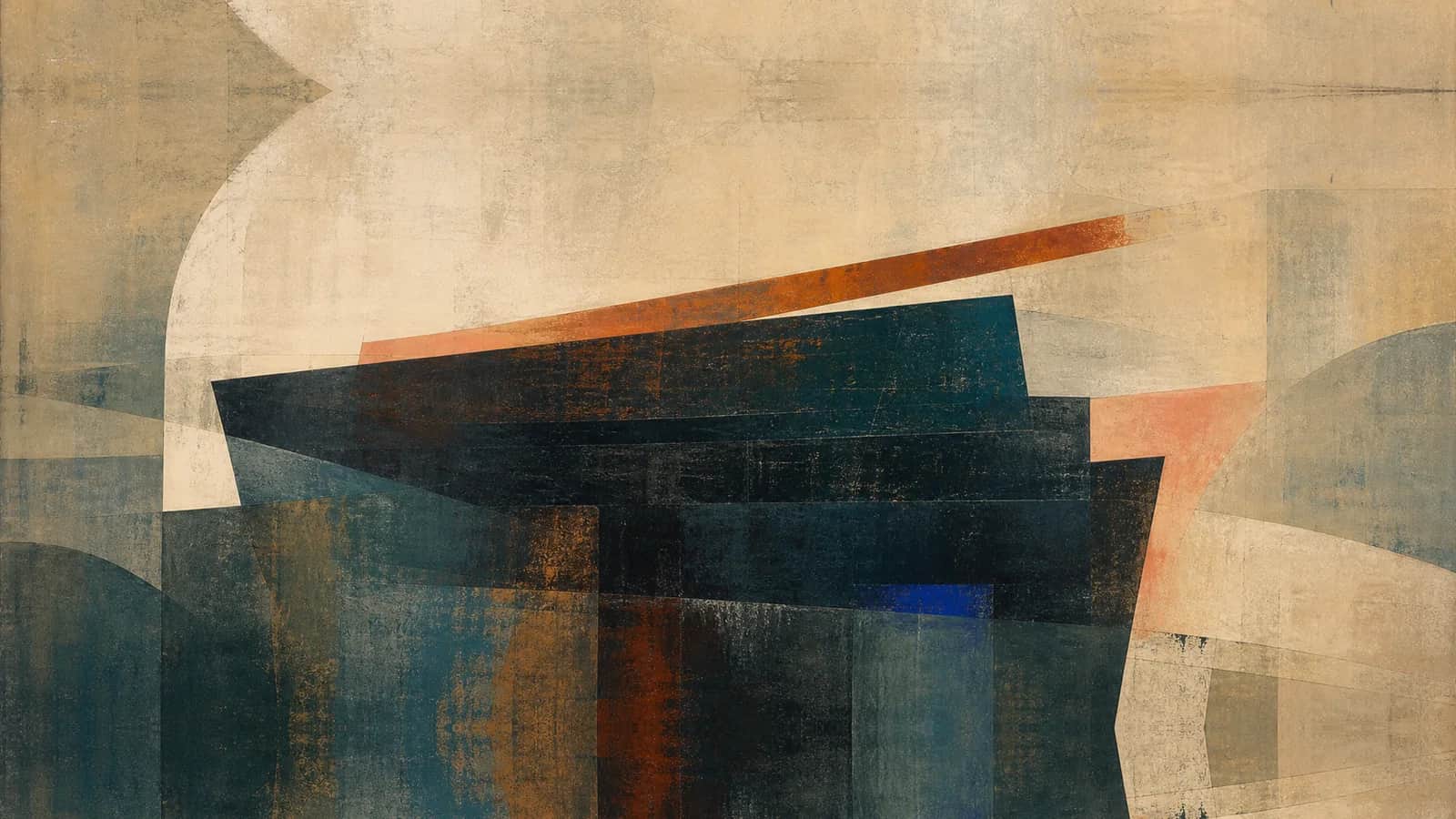 Stacked dark teal planes sit beneath a thin copper band and incomplete pale curves