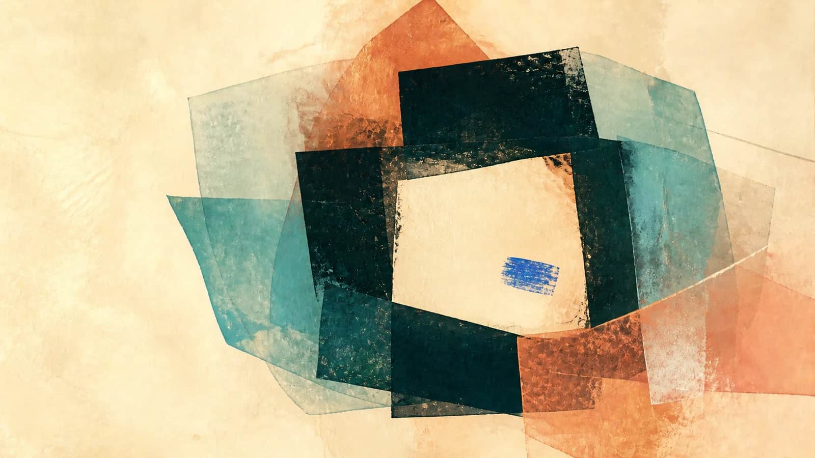 Offset deep teal planes surround an irregular cream field and small cobalt brush mark, layered with translucent aqua and coral shapes.