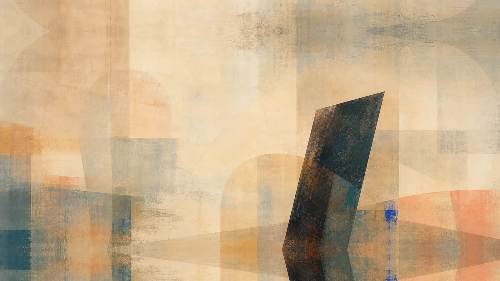 A spacious warm field of translucent shapes precedes one deliberate dark oblique form