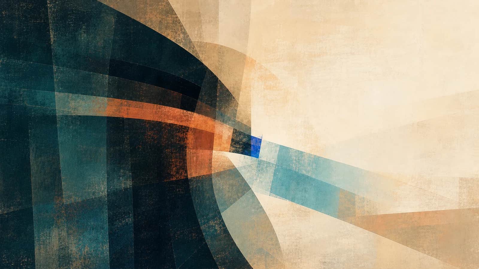 Dark teal layered arcs hold copper bands as a small cobalt plane opens into a pale aqua field