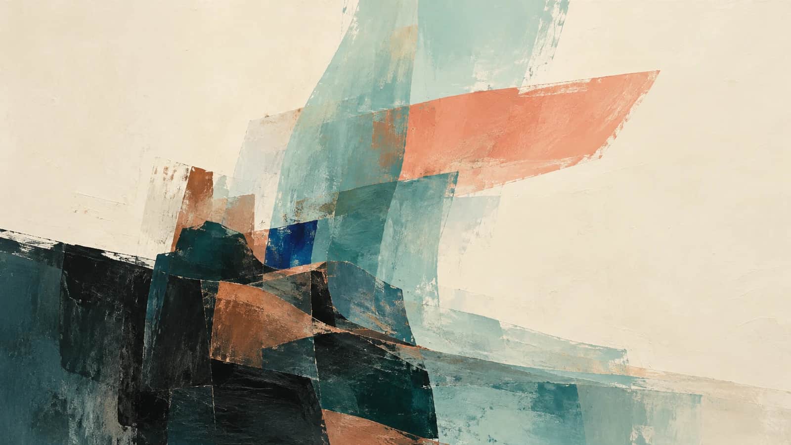 Dark teal and copper planes overlap beneath a rising translucent aqua brushstroke and a broad coral plane on cream.