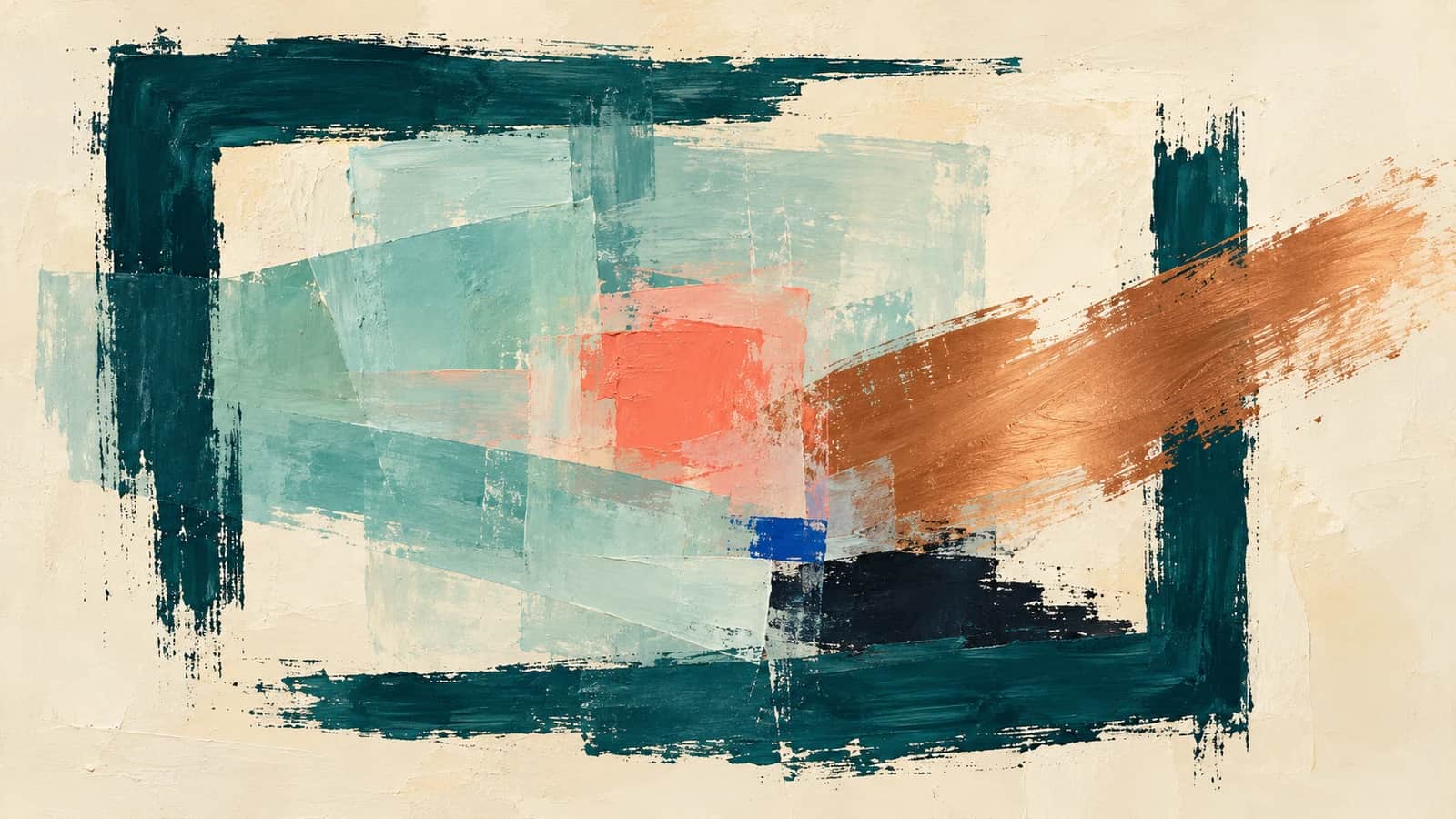 An incomplete deep teal painted frame surrounds translucent aqua planes, a coral field and a copper diagonal on cream.