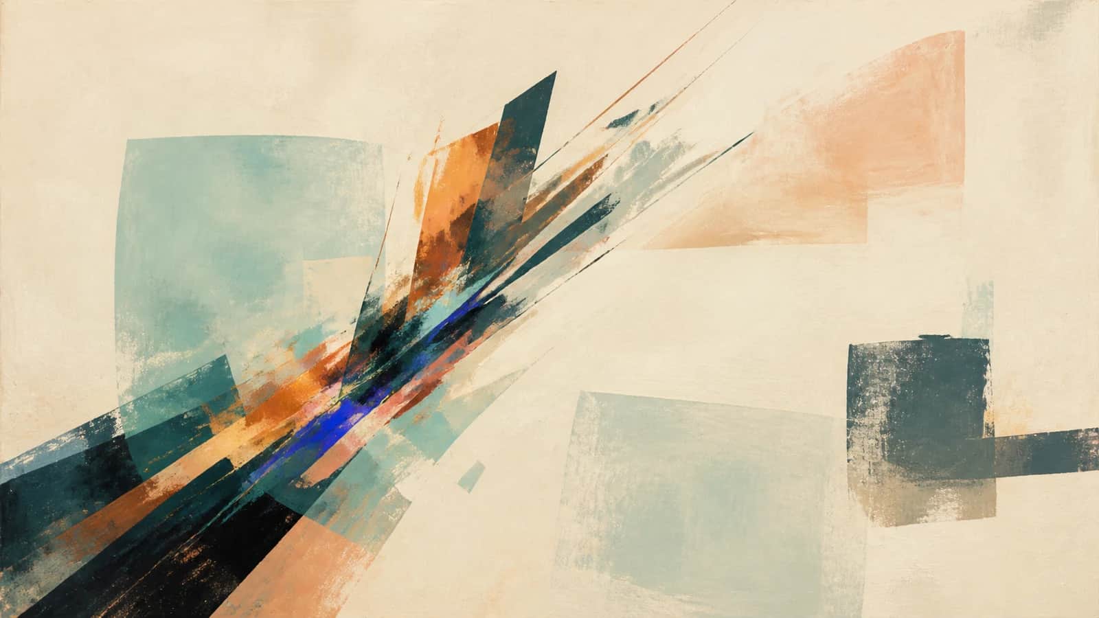 A dense diagonal surge of teal, copper, coral, and cobalt crosses pale translucent fields on a cream ground