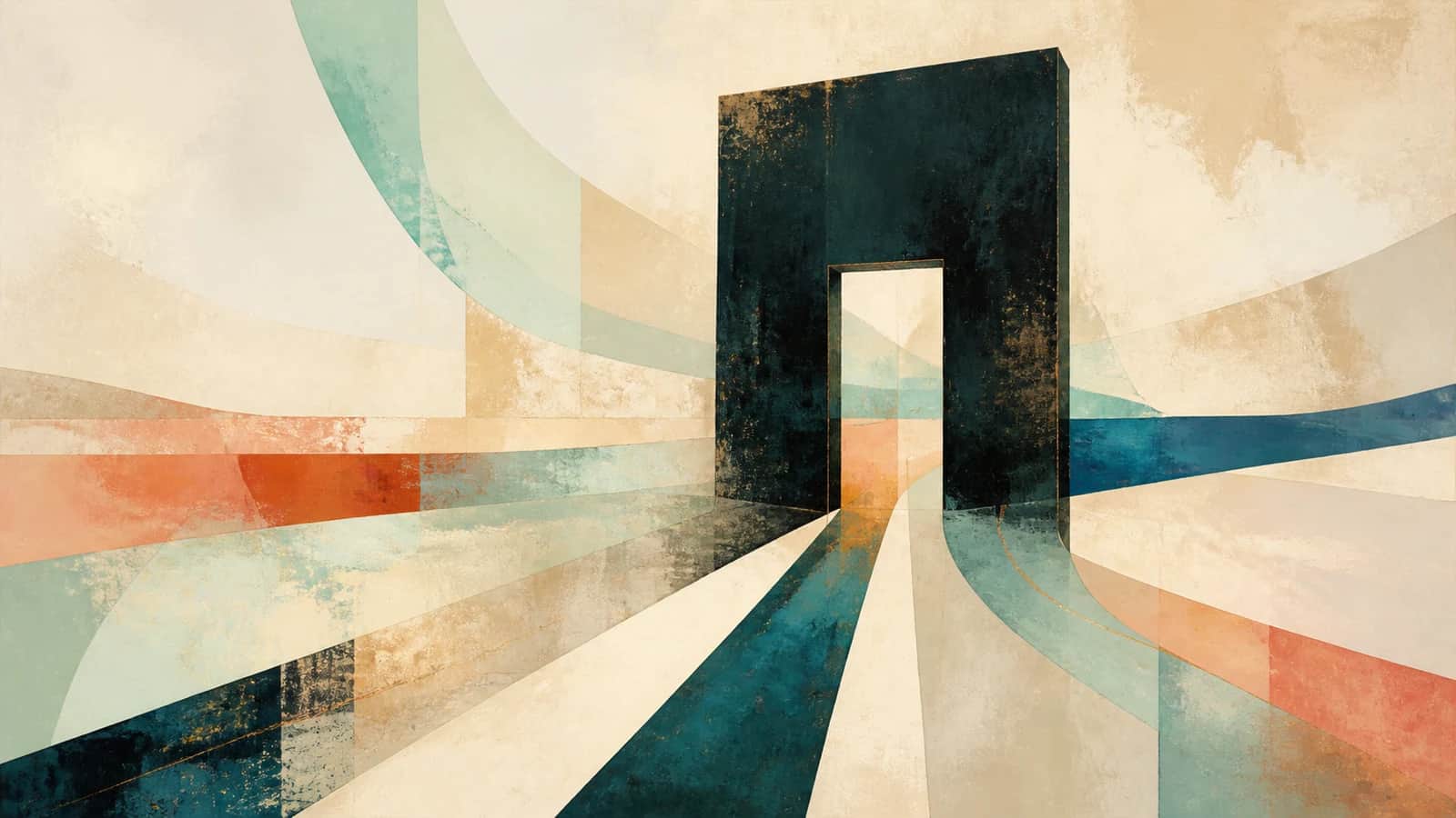 A dark teal gate stands among branching copper, aqua, cream, and cobalt paths on a textured pale ground