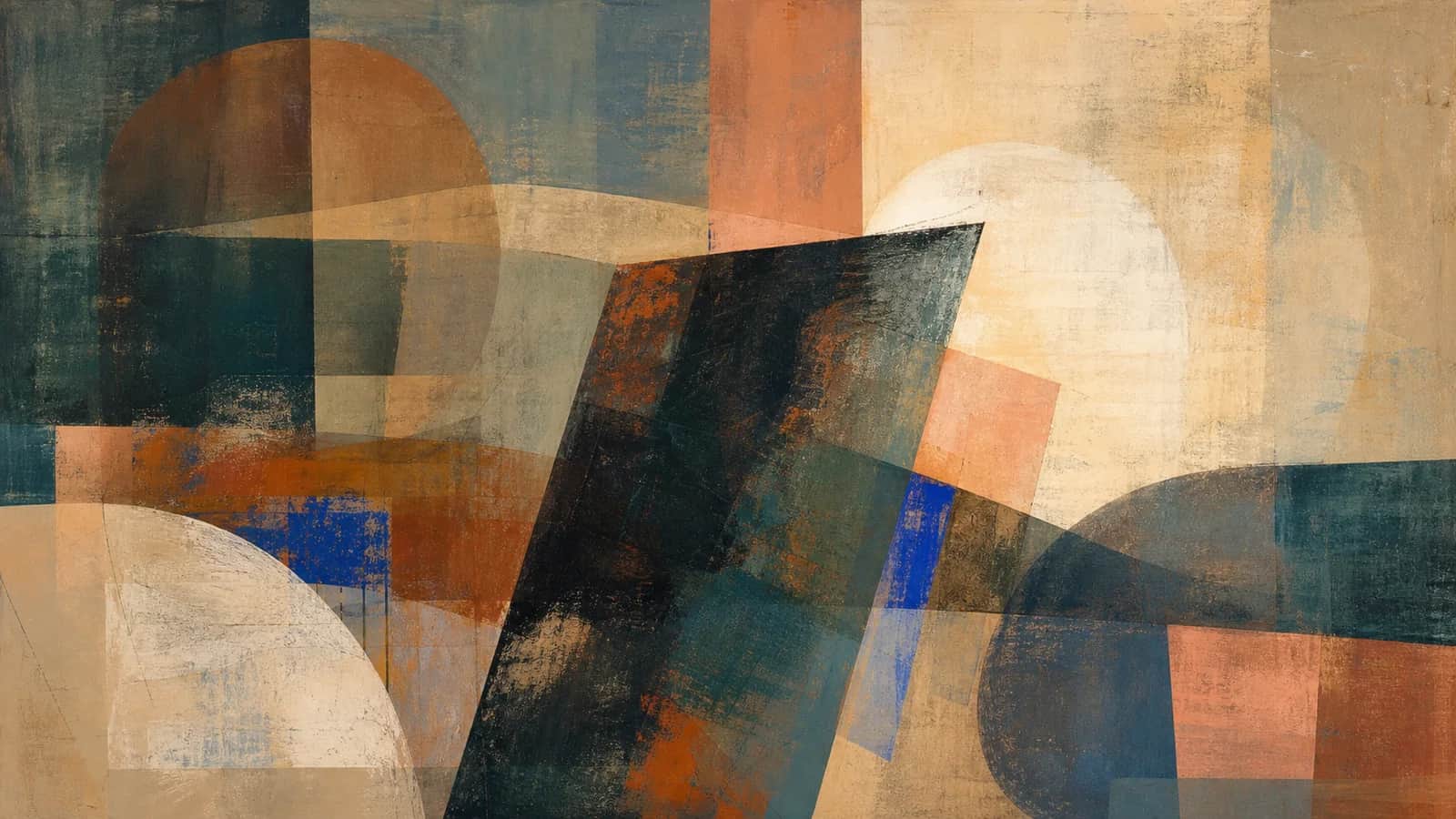 Layered teal, copper, coral, and cream fields intersect around a dark oblique form