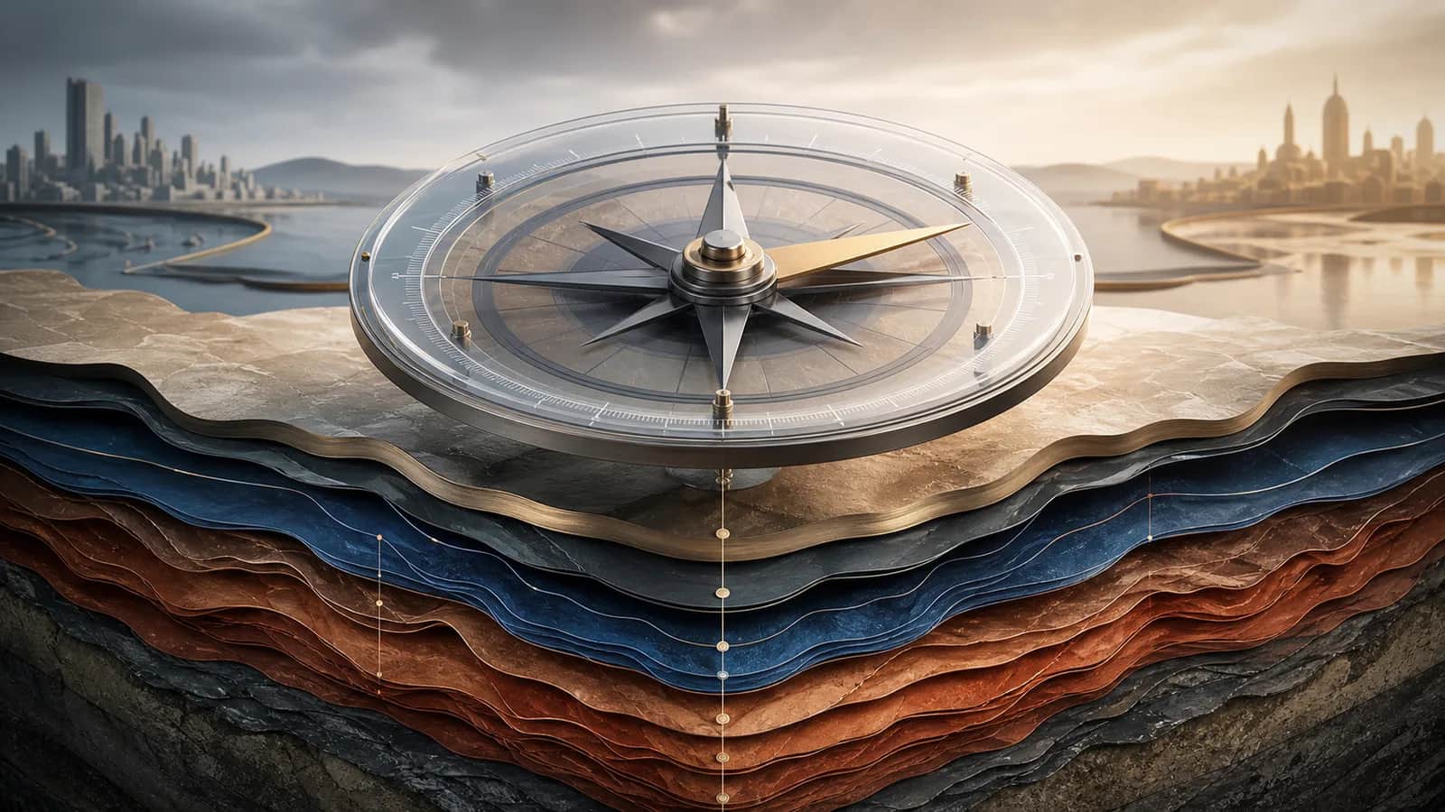 A precision compass above deep cultural and training layers, oriented between two distant horizons