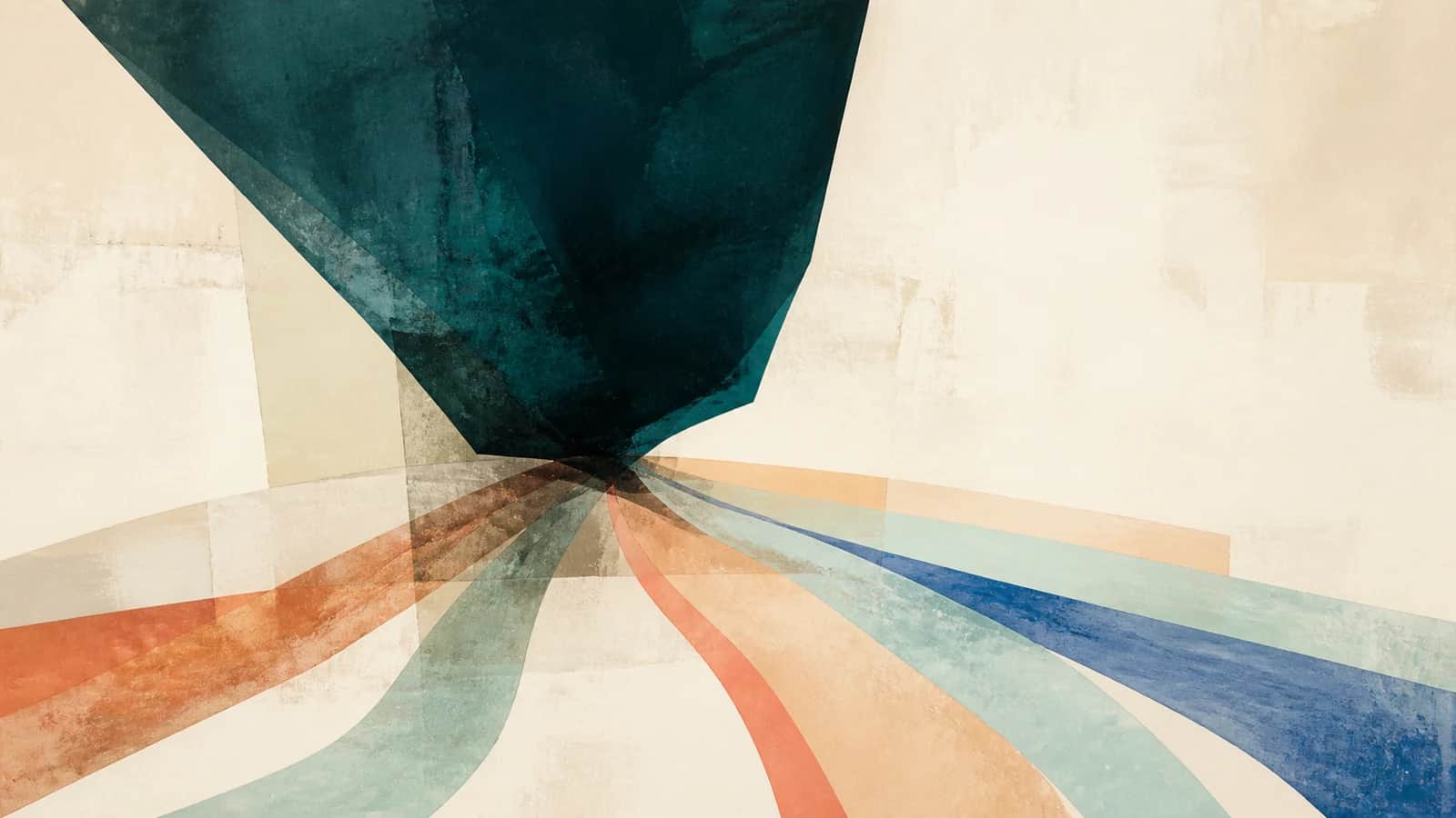 A monumental dark teal plane converges with translucent copper, coral, aqua, and cobalt paths on a cream ground
