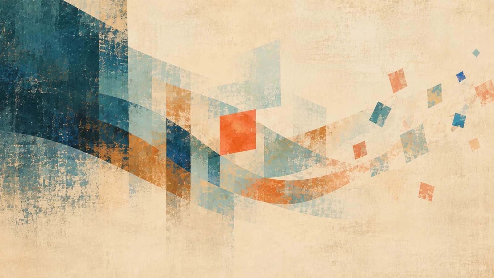 A coral painted square sits among translucent aqua planes and copper curves, with a deep teal field on the left and small scattered shapes on cream.