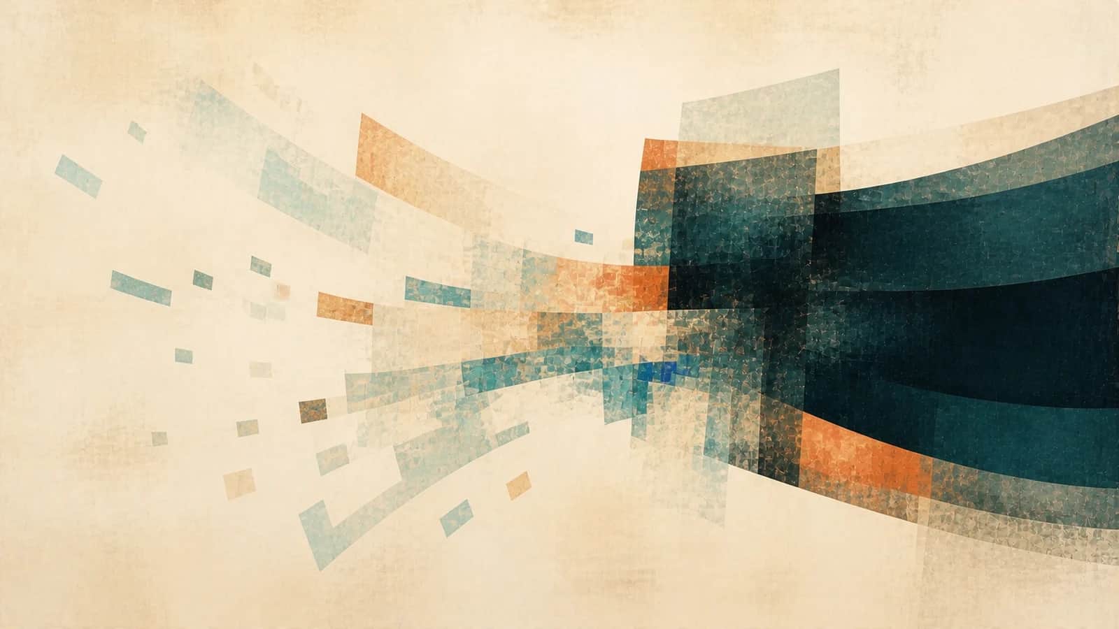 Dark teal and translucent aqua planes recede from a copper center across a textured cream field