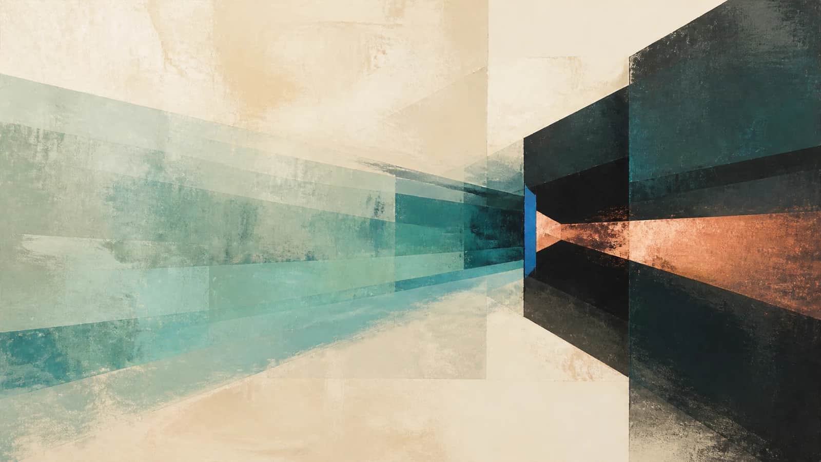 Translucent aqua planes converge on a cobalt boundary as a copper band enters a dark teal structure