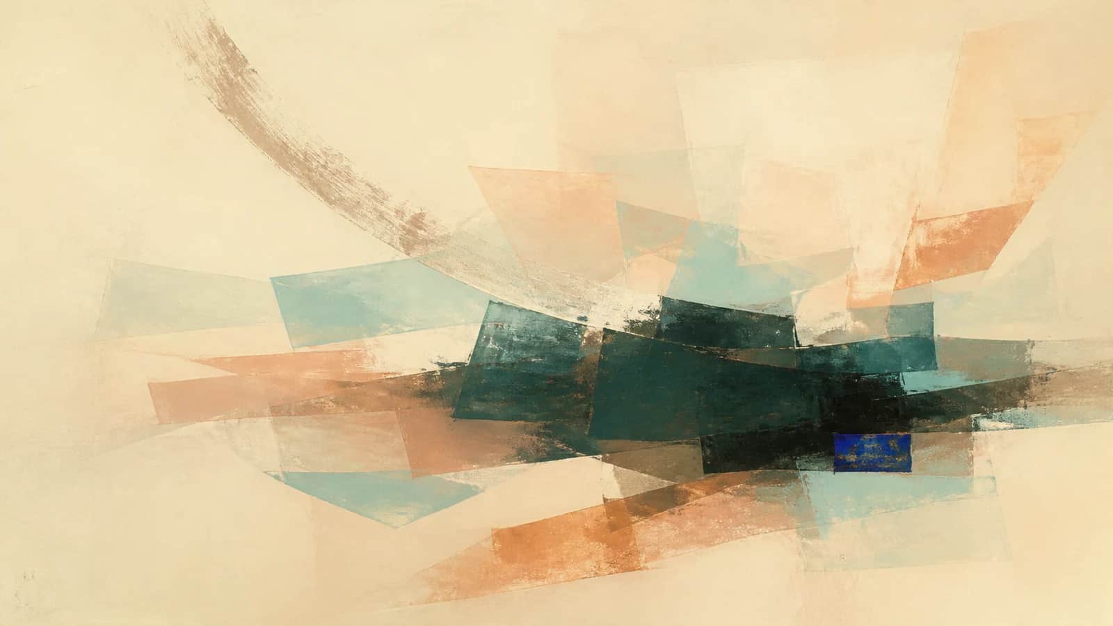 A low dark teal mass sits among translucent aqua and copper planes beneath a sweeping cream brushstroke