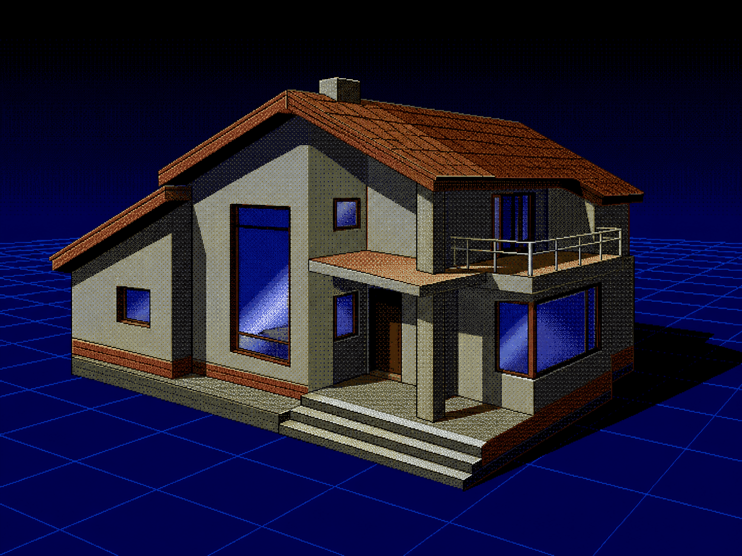A low-poly VGA-era architectural rendering of a small house
