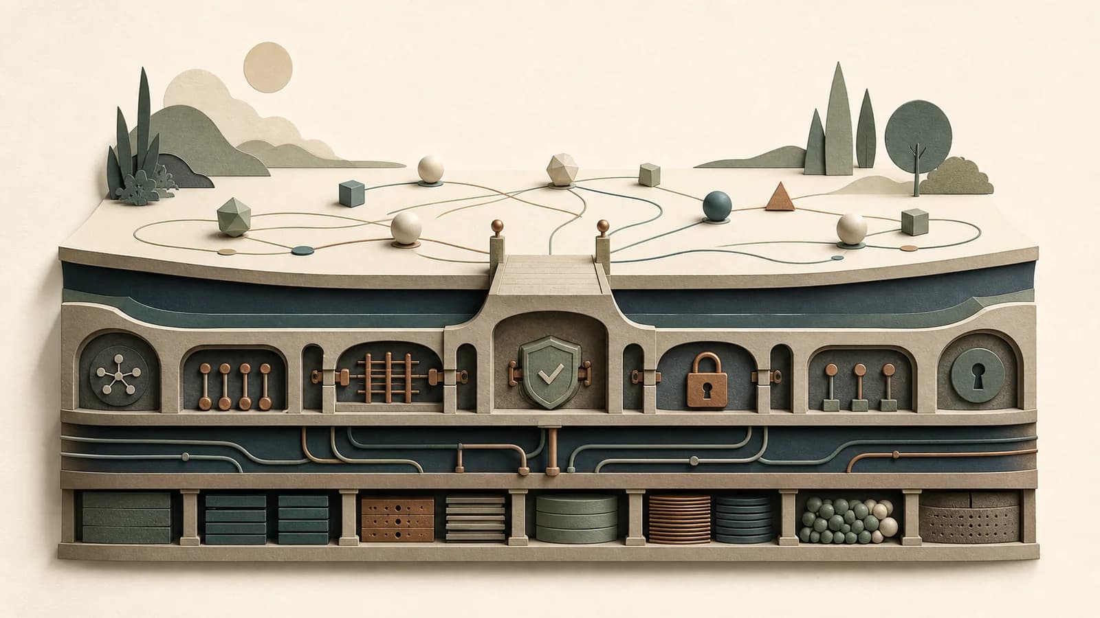 A cutaway landscape revealing deep layers of agent-ready infrastructure