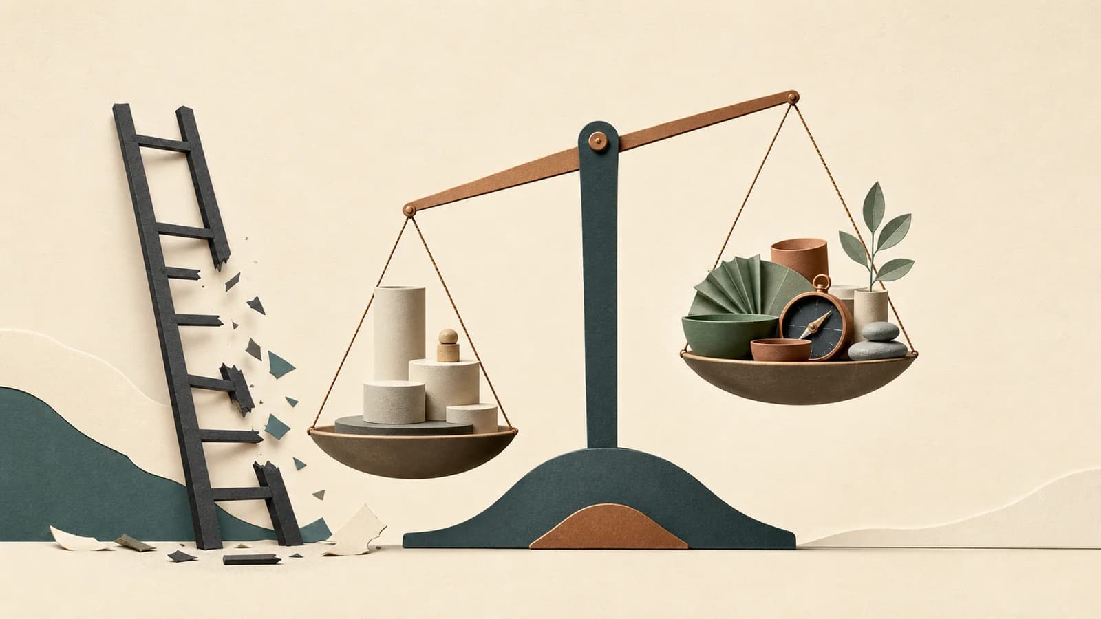 A balance weighing an old career ladder against judgment, craft, and learning