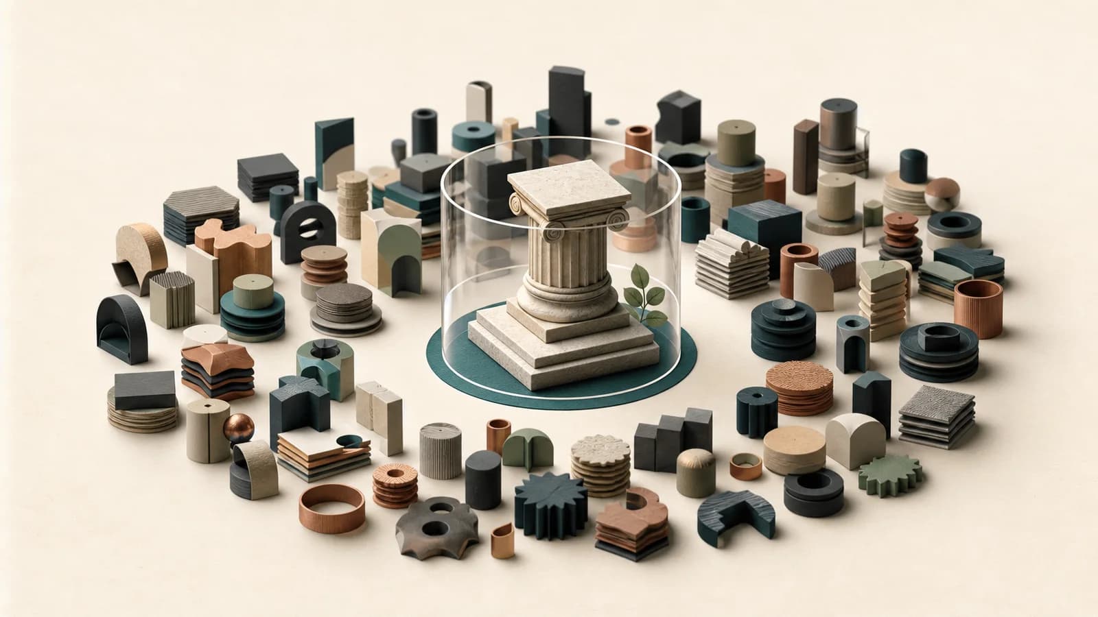 A carefully preserved cornerstone surrounded by abundant interchangeable forms