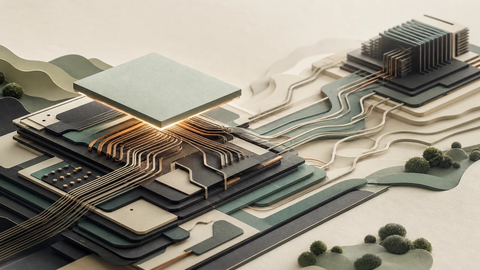 A luminous software tile loosening from a vast accelerator stack while several new computing paths emerge around it
