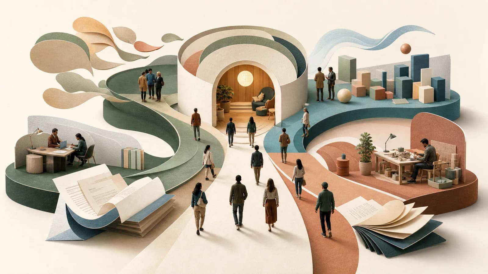 Several specialized workspaces converging into one welcoming hub connected to a broad network of users