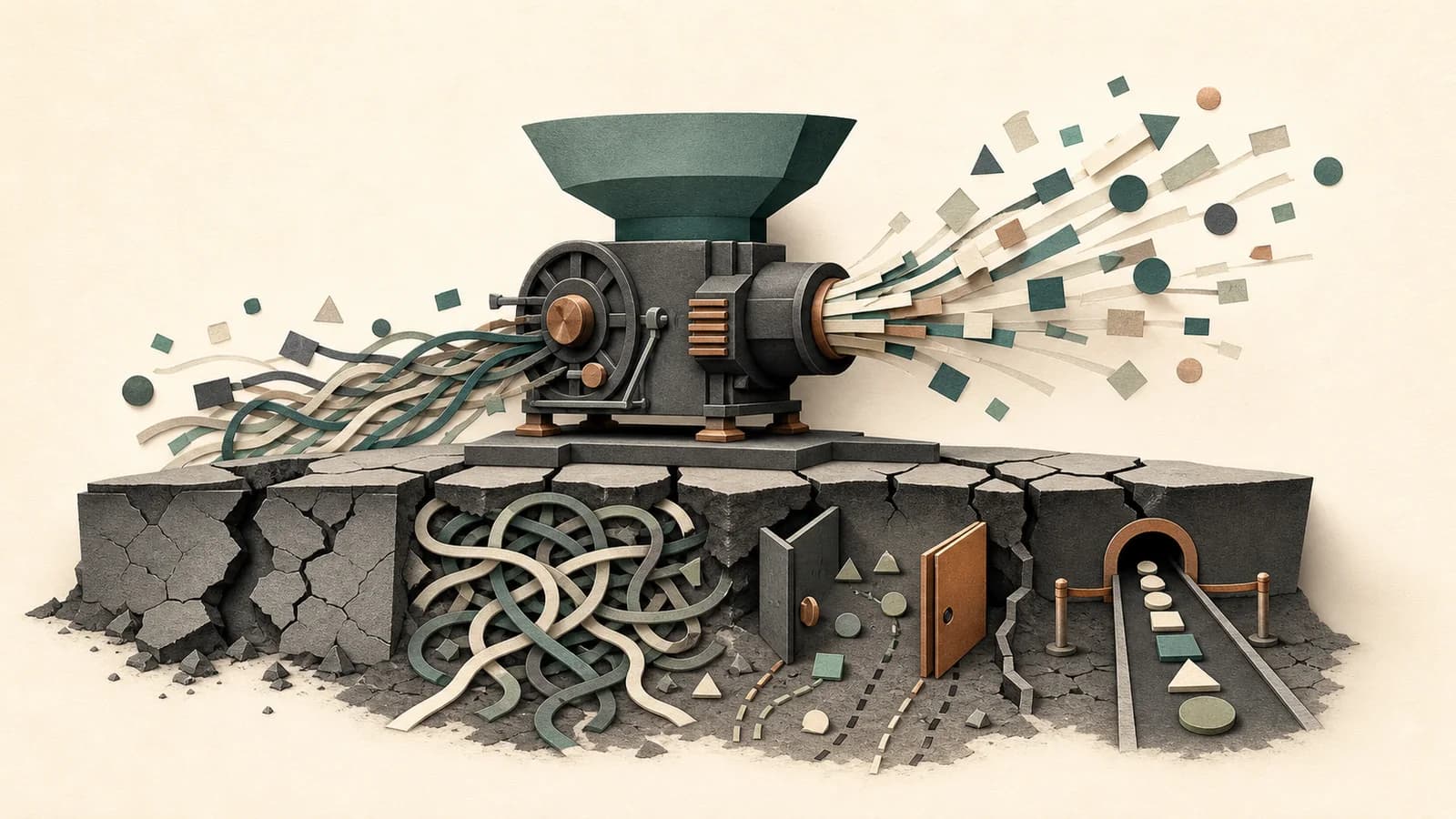 An amplified output machine sitting on broken foundations and tangled workflows