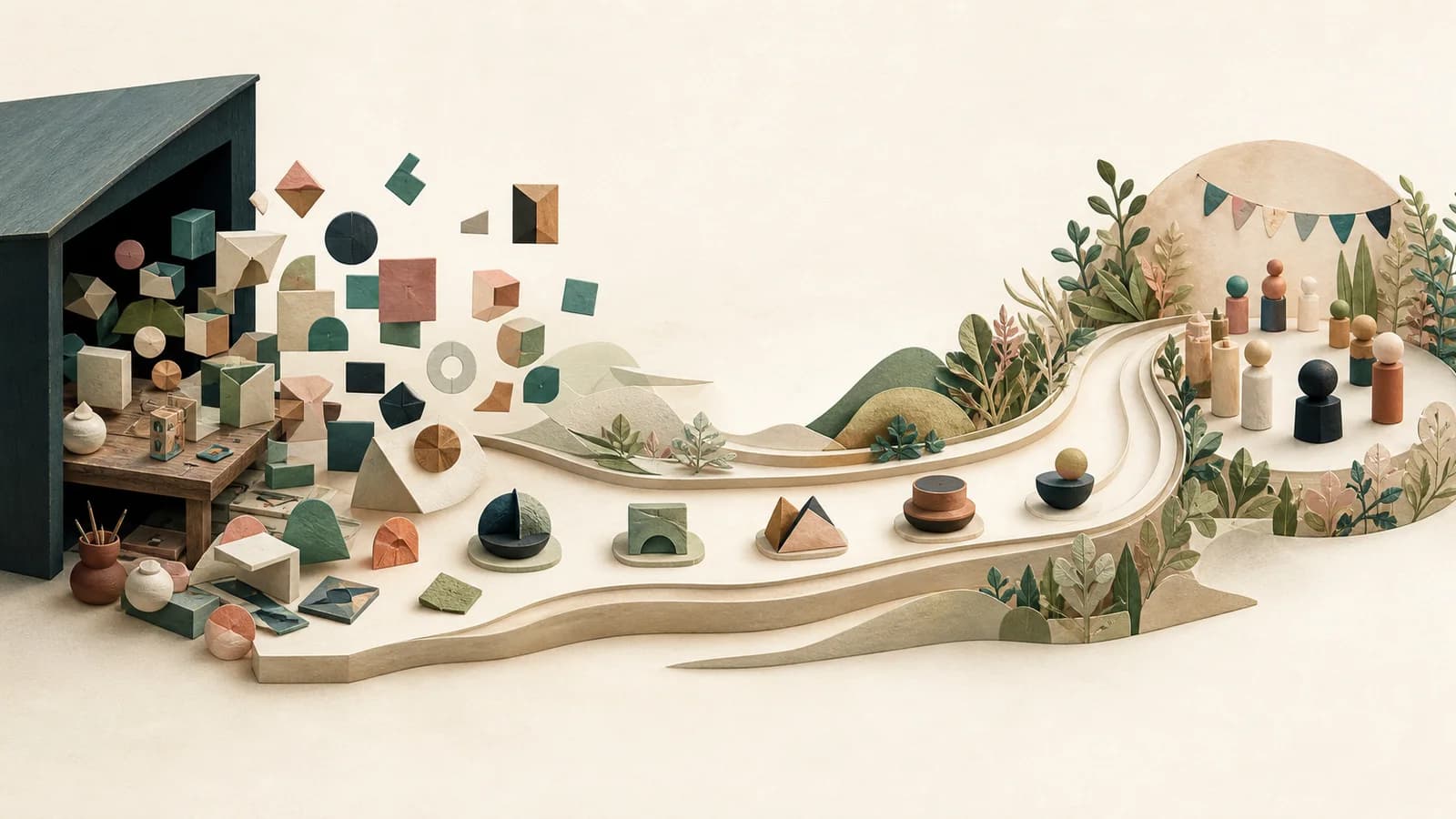 Many small product forms converging on a carefully designed path toward a community of customers
