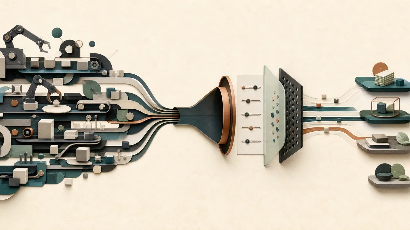 Machine-to-machine production narrowing through a deliberate judgment aperture
