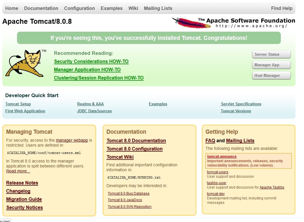 Apache Tomcat front page shown in a web browser
