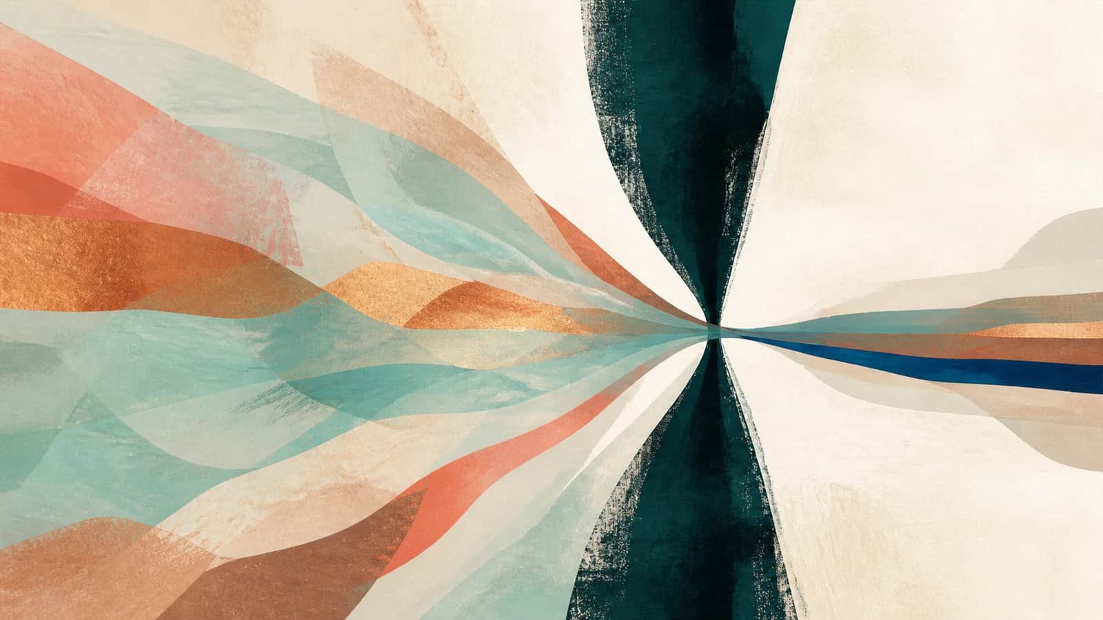 Translucent aqua, coral, and copper ribbons narrow through a dark teal vertical bottleneck on a cream ground