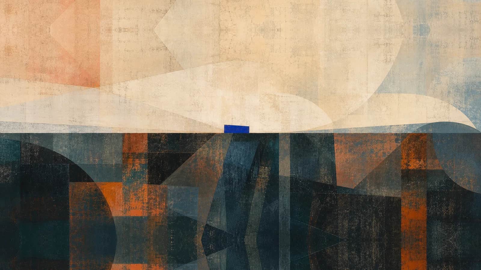 A luminous upper field rests above dense dark geometric layers, joined by a small cobalt block