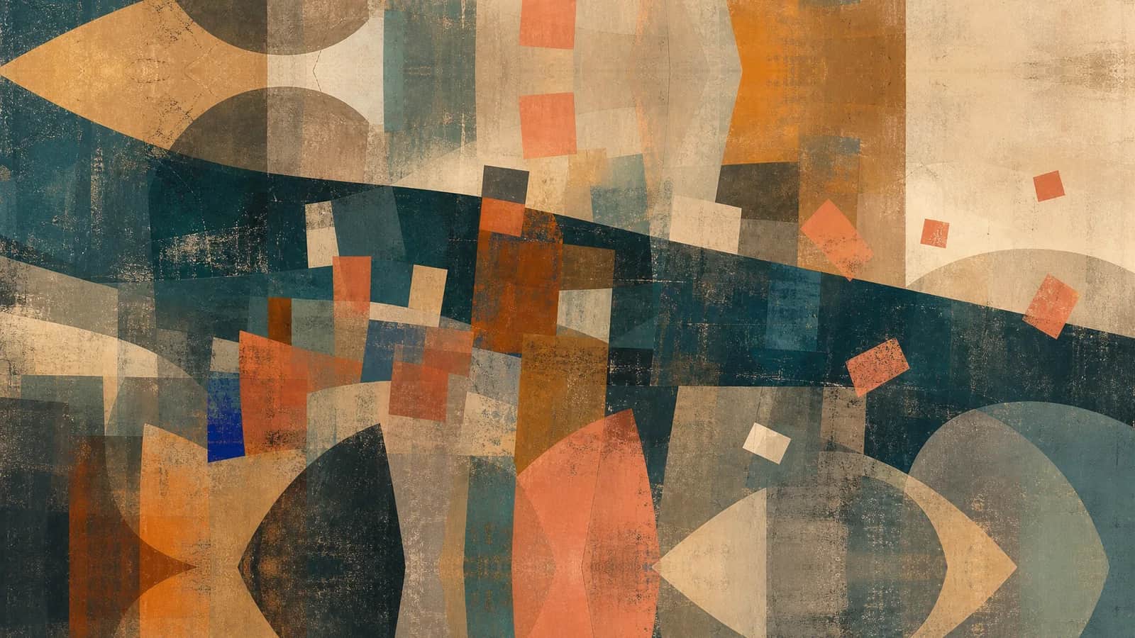 Many floating rectangles spread across layered teal boundaries with coral and cobalt fragments