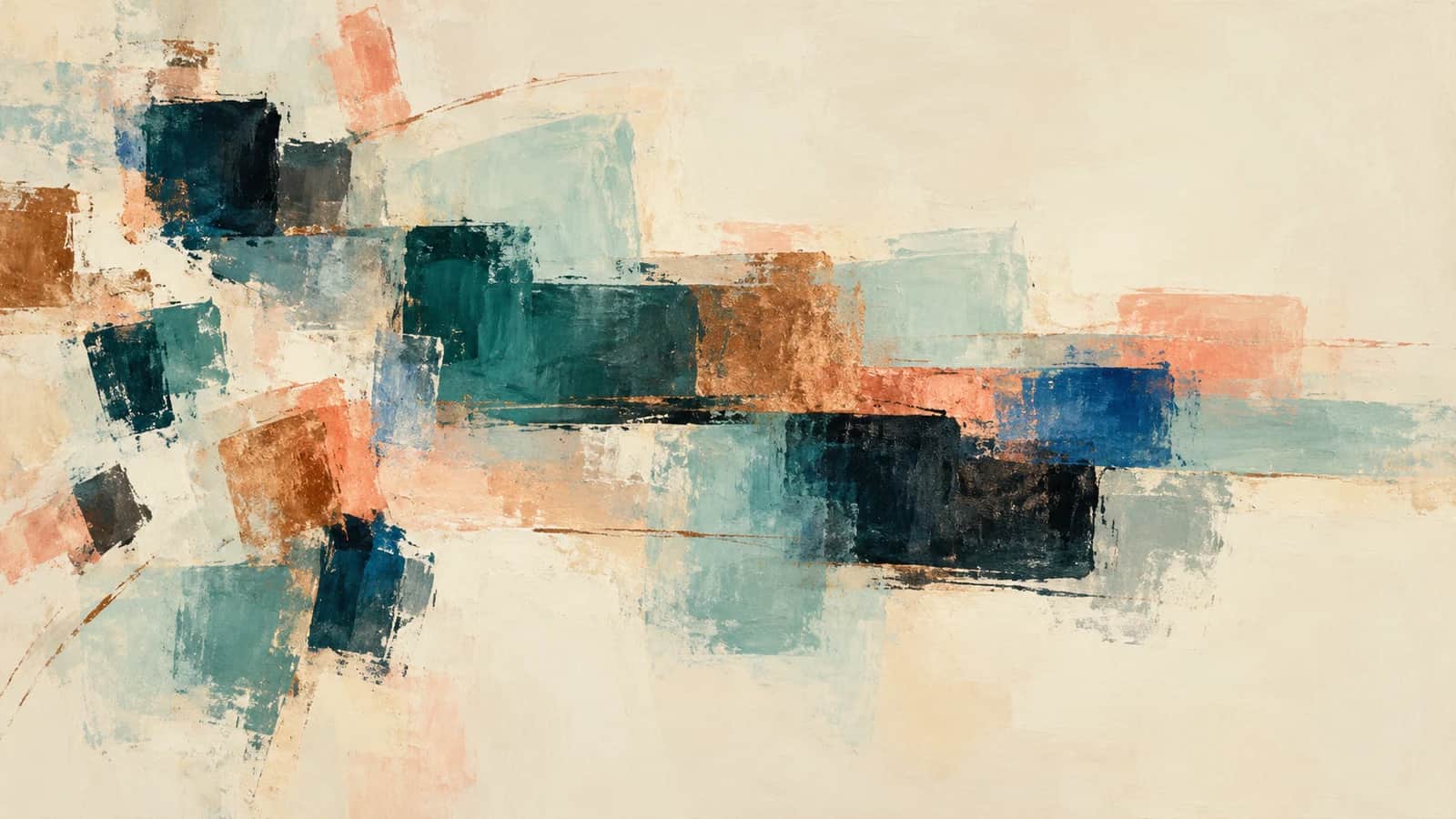 Teal, copper and coral painted planes overlap across a cream ground, with translucent aqua layers and a small cobalt accent.