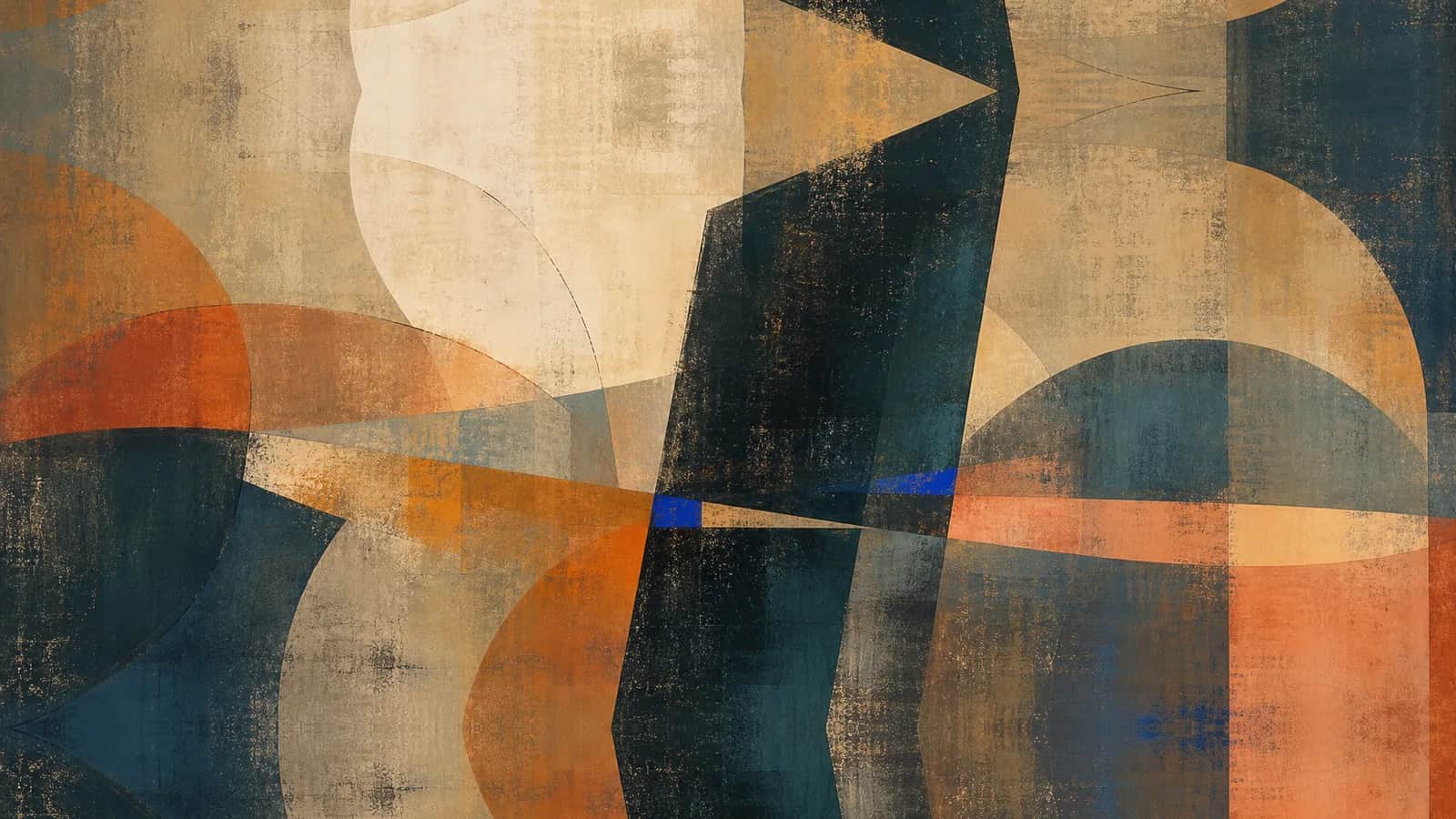 Large translucent curves meet a dark central plane crossed by narrow copper and cobalt intervals
