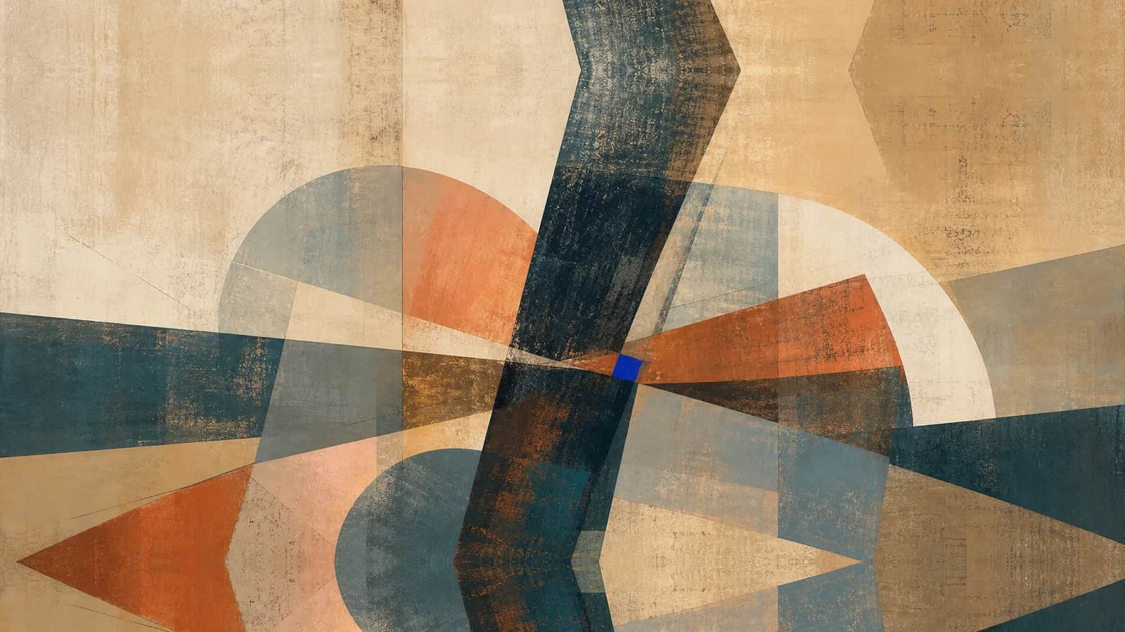 A dark oblique spine joins translucent arcs and blocks at a small cobalt intersection