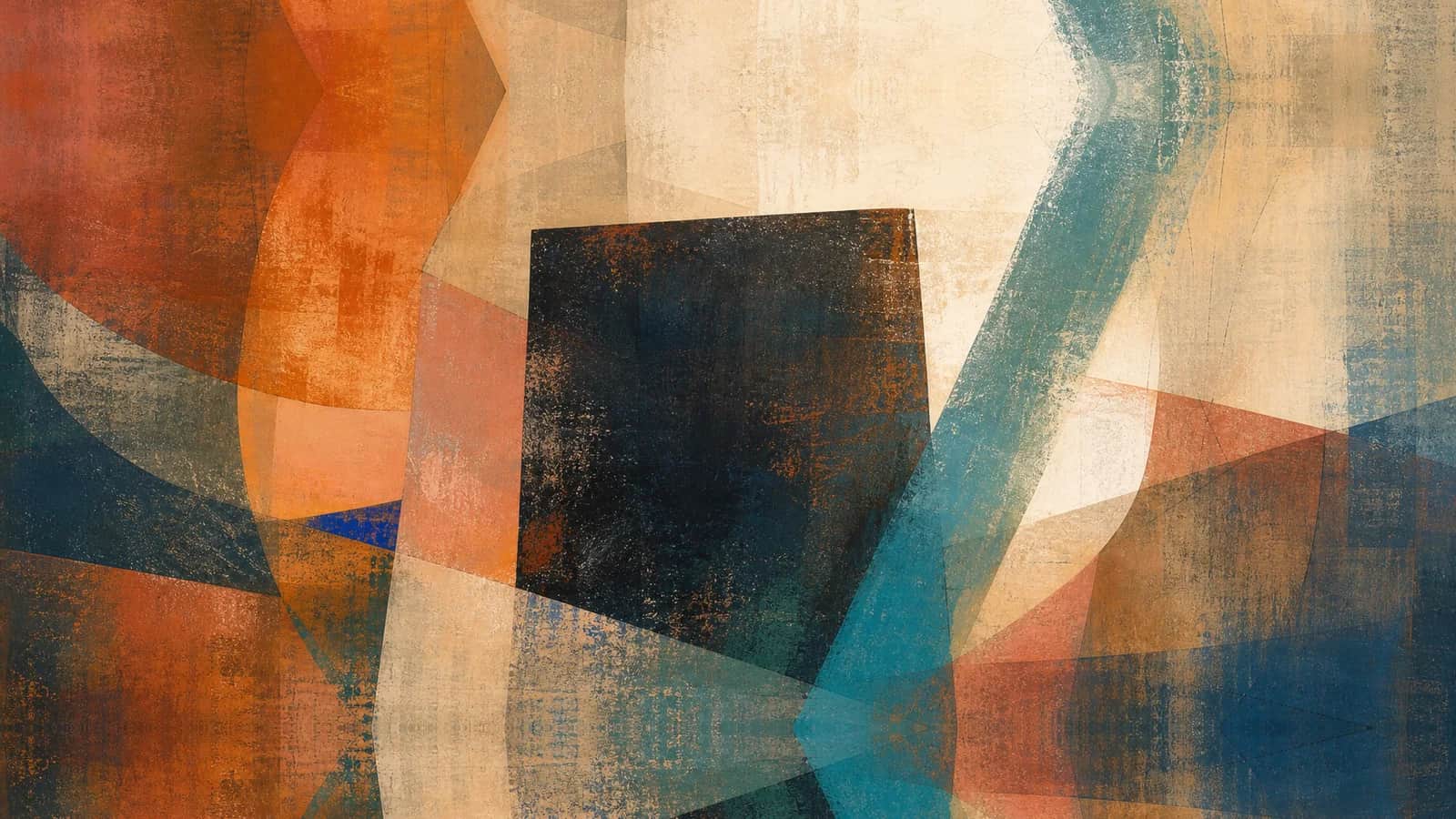 A dark central block is displaced by an assertive teal diagonal amid copper and coral fields
