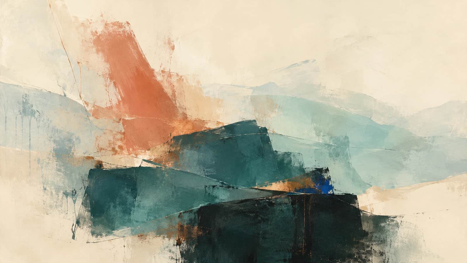 Staggered teal and near-black painted planes overlap beneath translucent aqua fields and a coral sweep on cream.