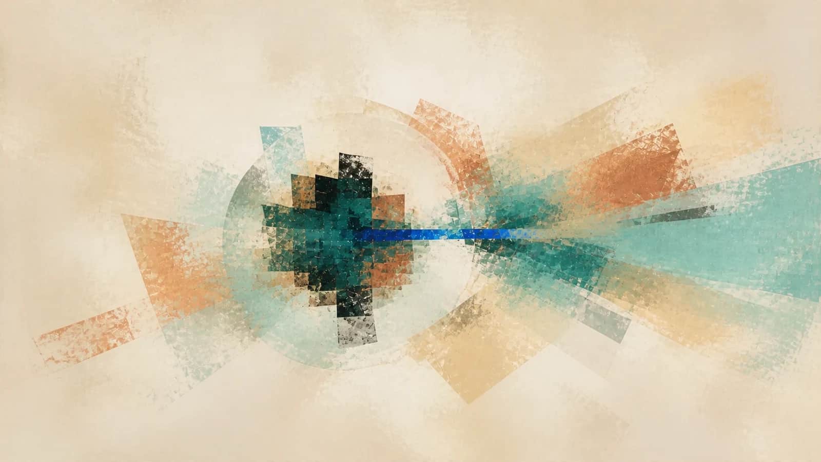 A dense teal cluster joins translucent aqua and copper planes through a narrow cobalt band on a warm cream field