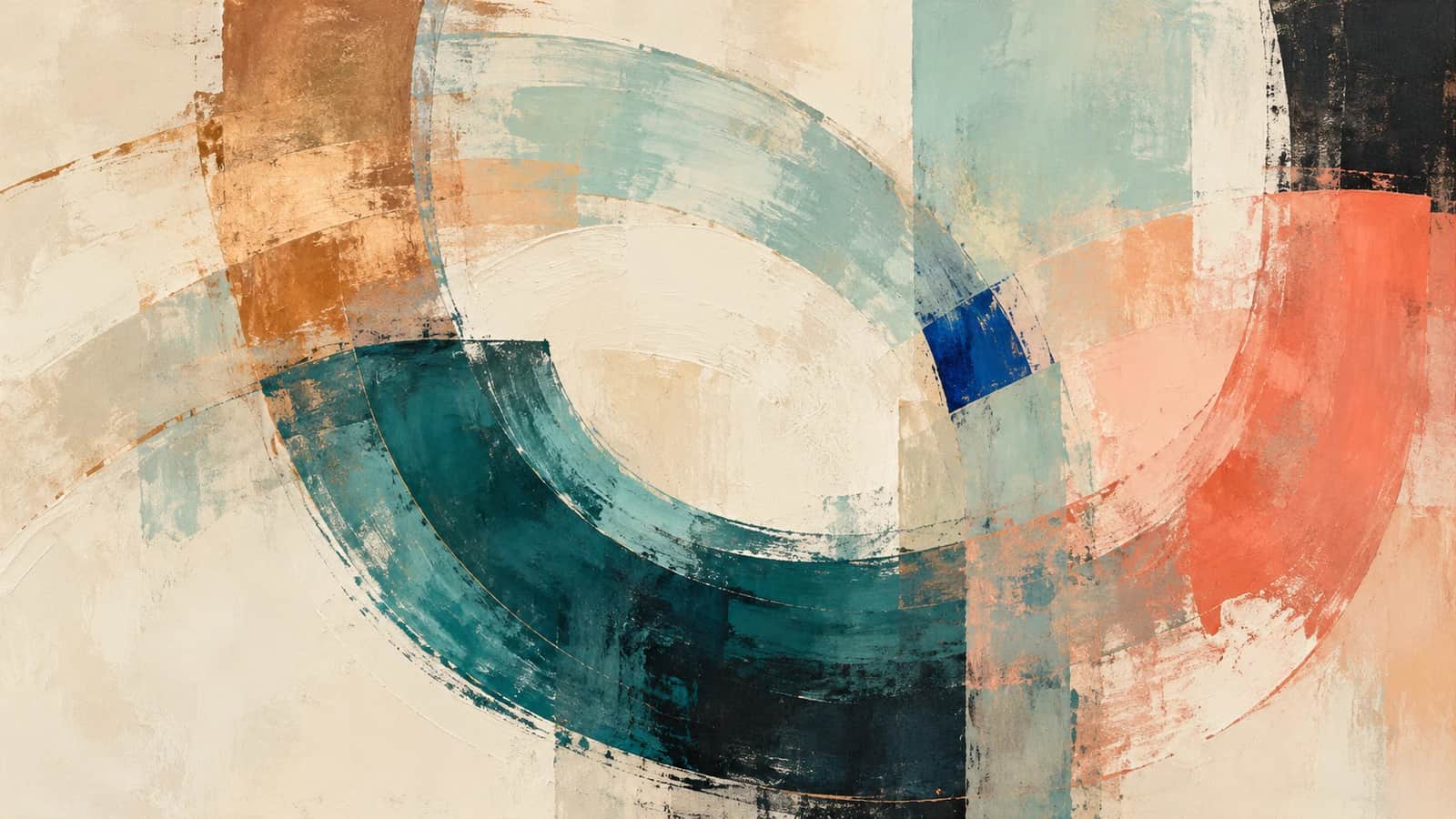 Broad teal and aqua painted arcs overlap copper and coral fields around a cream center, with a small cobalt accent.