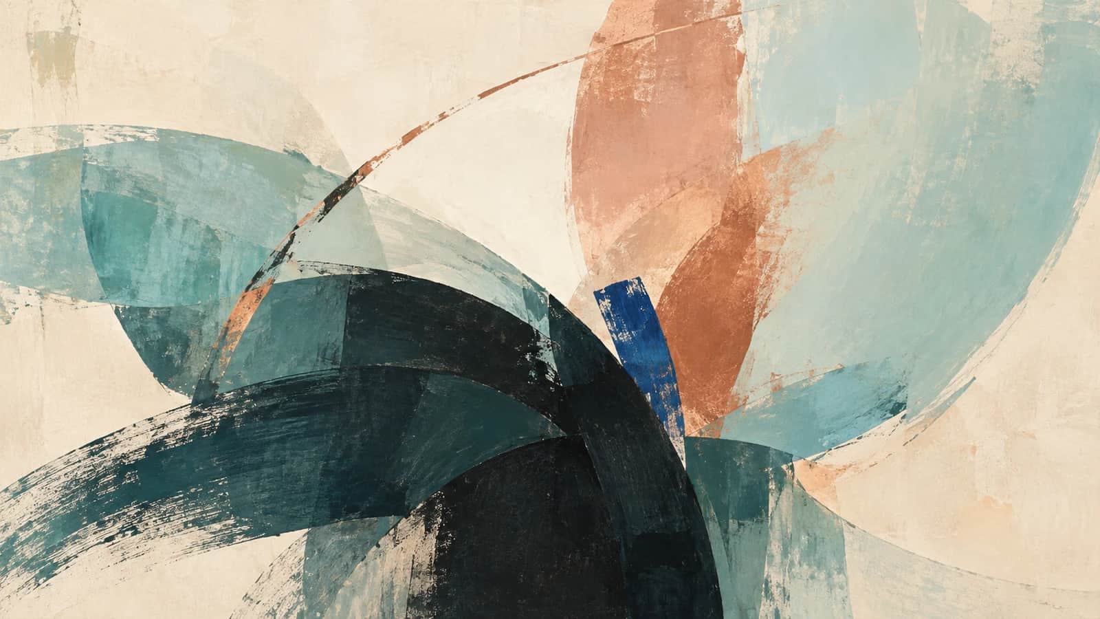 Deep teal curved planes open into translucent aqua and copper fields around a cream center, with a small cobalt accent.