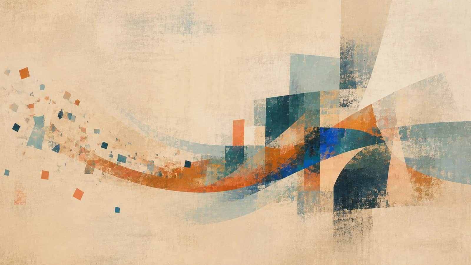 Small teal and copper shapes sweep into overlapping painted planes on a cream ground