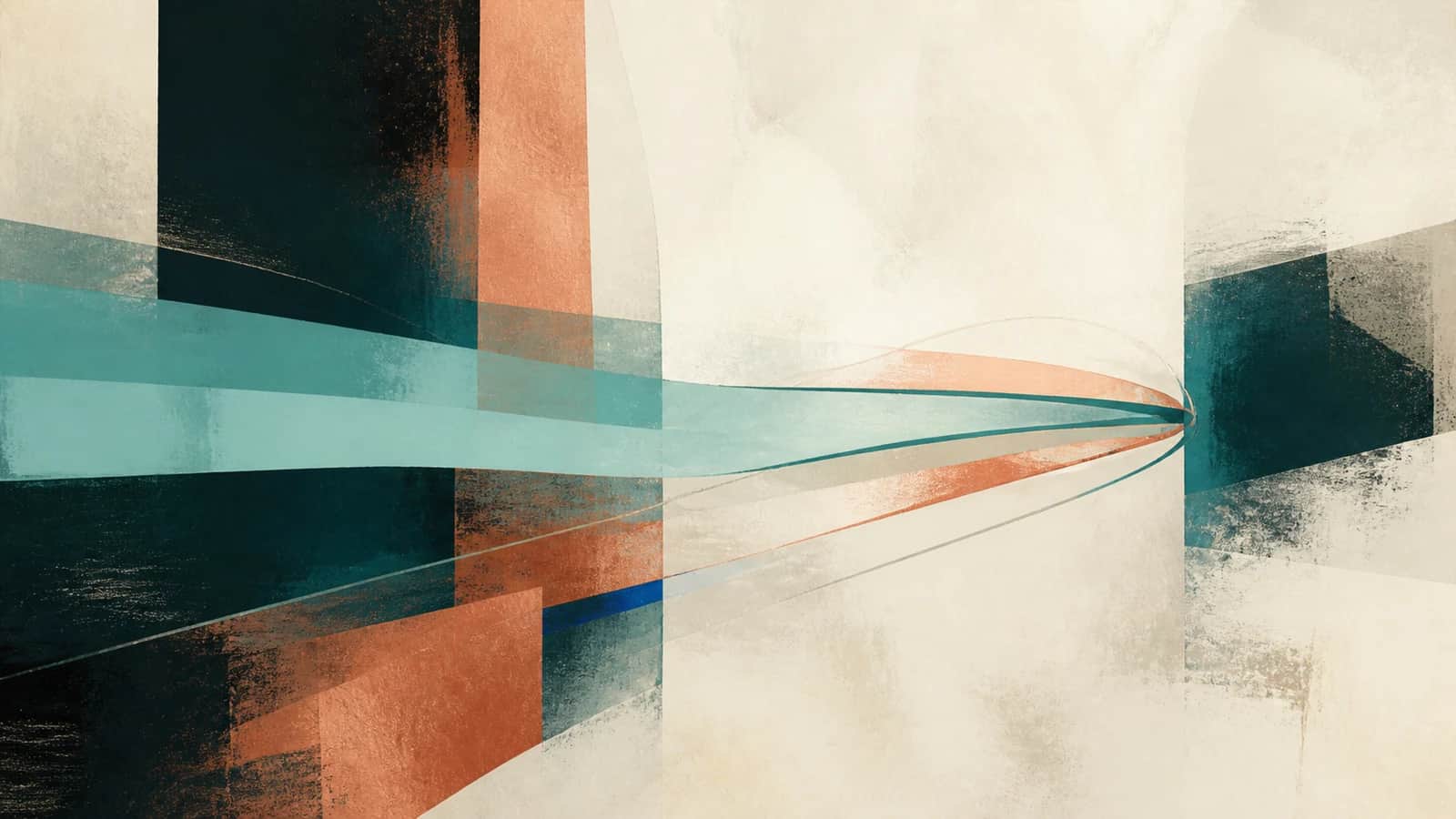 Translucent aqua and copper ribbons converge between dark teal planes on a textured cream field