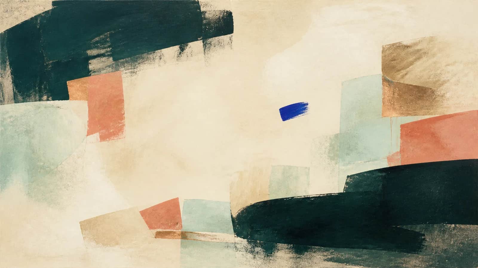 Broad dark teal strokes surround cream space with translucent aqua planes, coral blocks, and a small cobalt mark