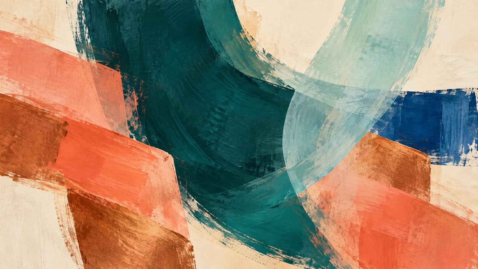 A broad teal curved field gathers coral and copper planes beneath translucent aqua strokes on cream.