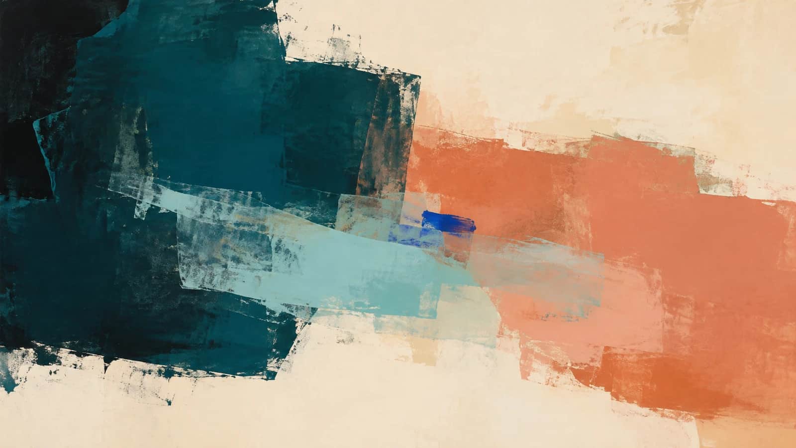 Broad teal and coral painted planes overlap beneath a translucent aqua band and a small cobalt accent on cream.