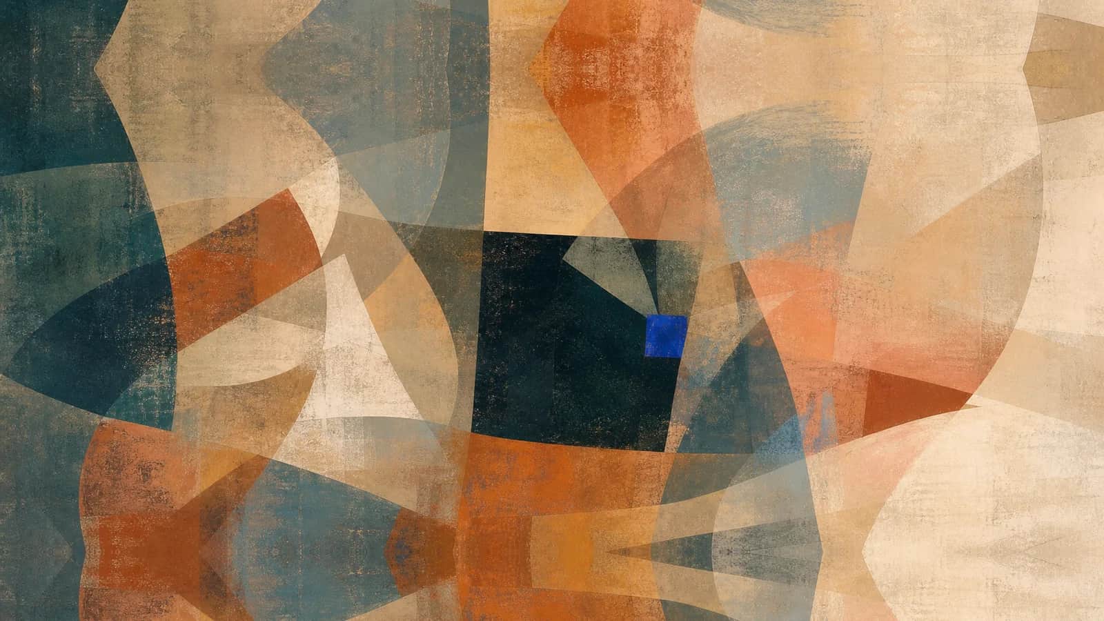 Translucent arcs turn around a calm dark central polygon marked by a cobalt square