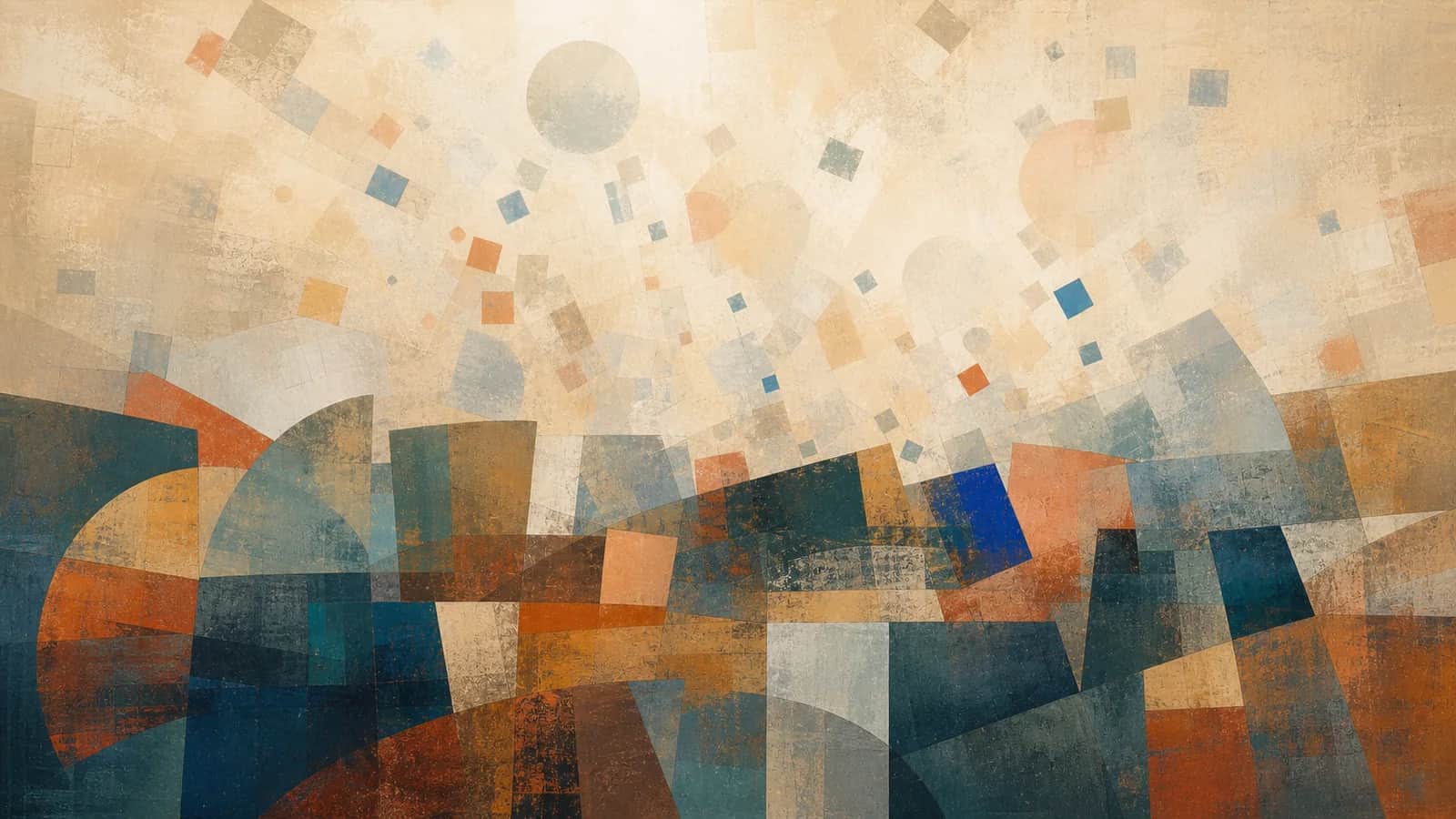 Small translucent forms rise from a dense lower field of interlocking painted geometry